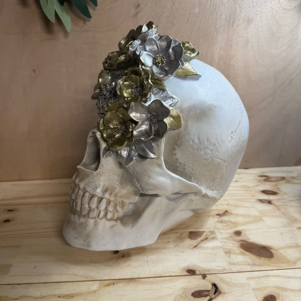 XL Sugar Skull Halloween Decor with Gold and Silver Flowers Centerpiece NEW